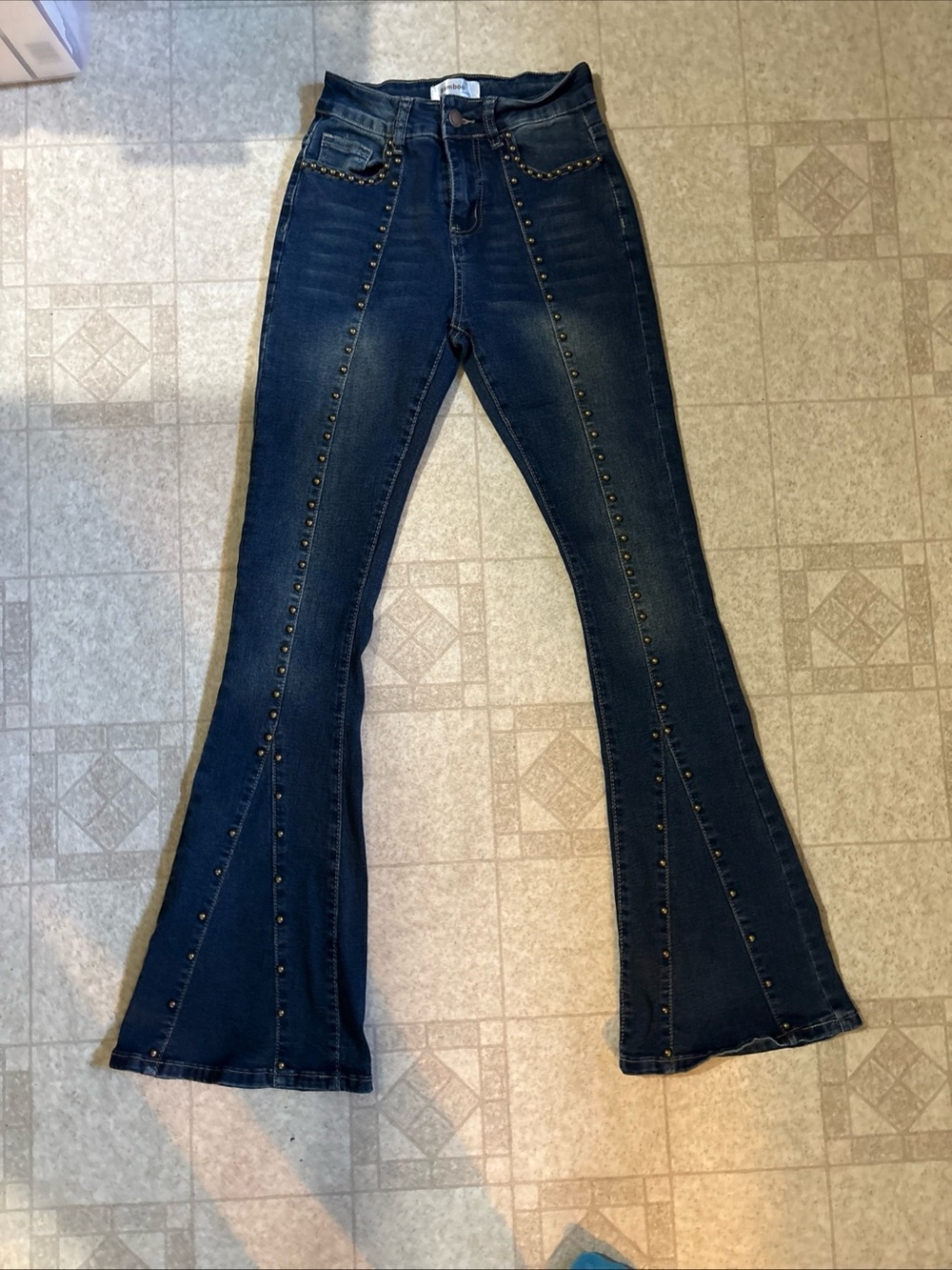 BAMBOO Y2K Dark Blue Studded Wide Bell Bottom Flare Jeans Size 3 McBling